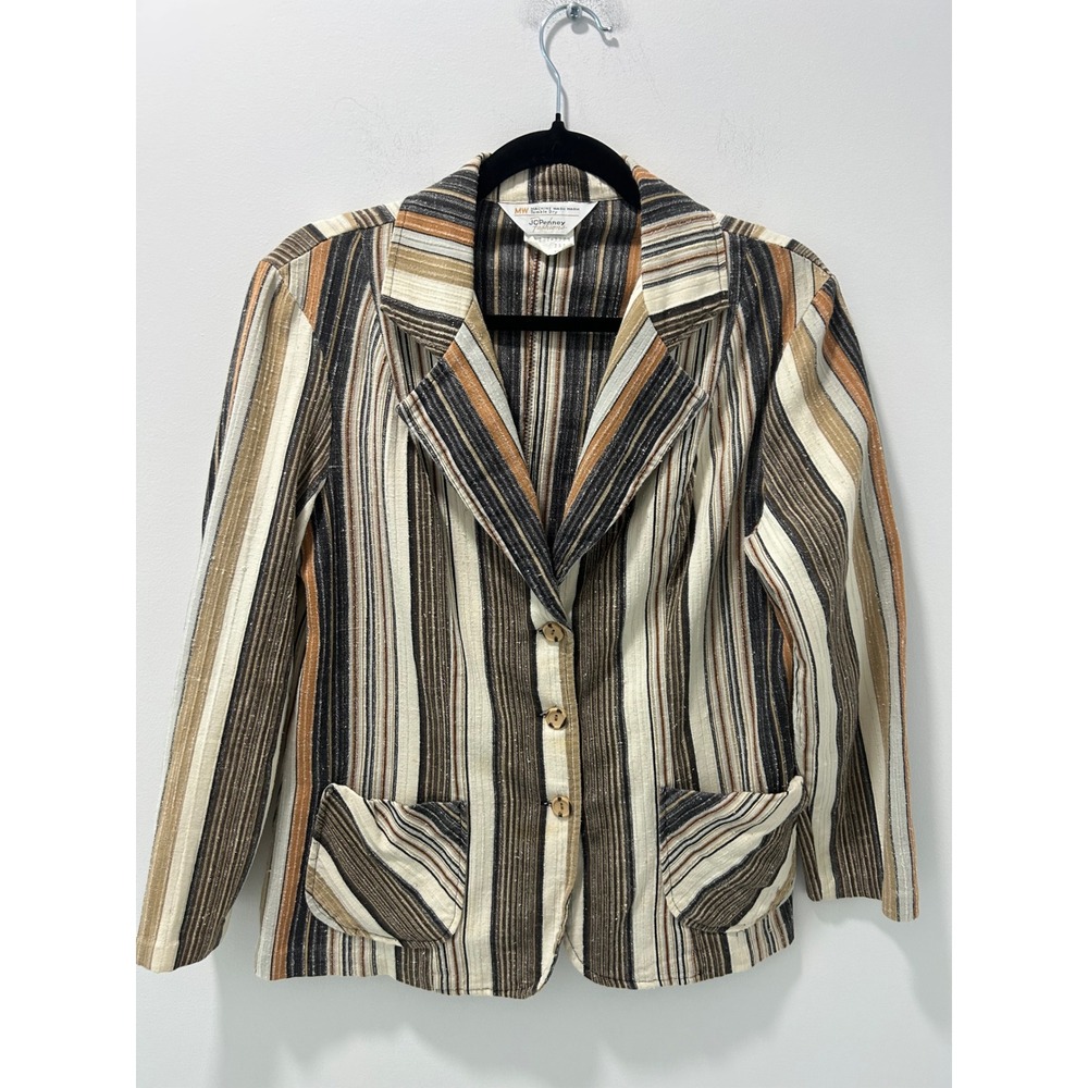 Vintage JCPenney Fashions Striped Blazer Jacket Brown Tan Orange Cotton Blend 16